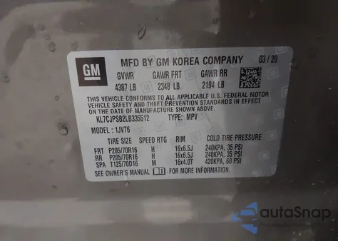 2020 Chevrolet Trax Awd Lt from USA, damaged, VIN KL7CJPSB2LB335512